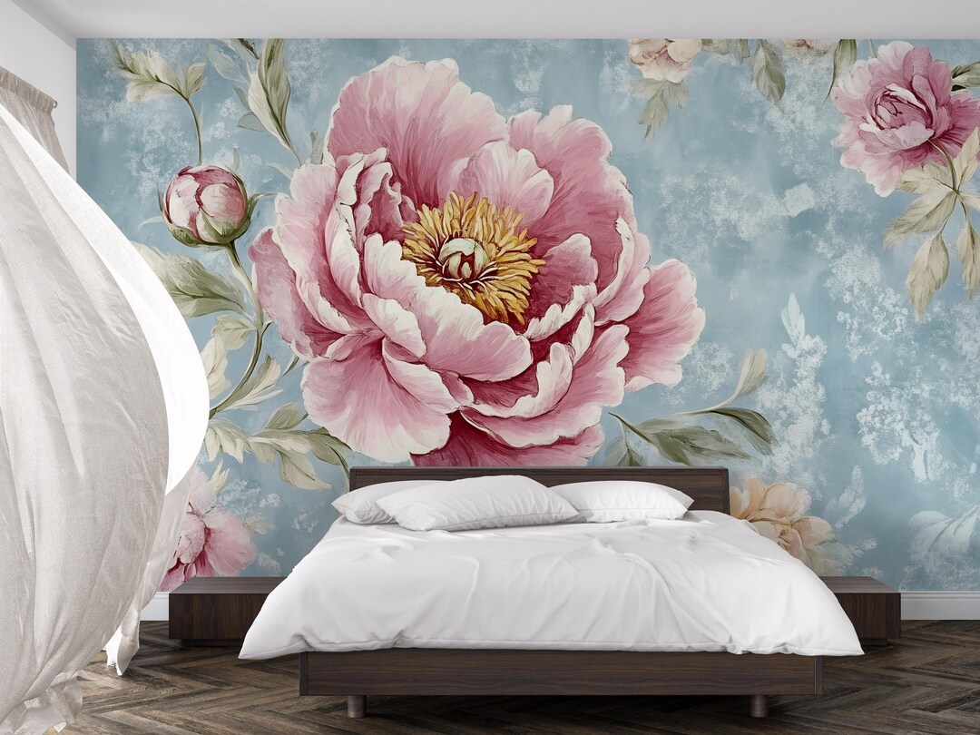 Vintage Peony Wall Mural – Pink Floral Wallpaper on Blue Textured ...
