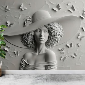 3D Textured Wall Mural – Woman in Sculptural Relief with Butterflies room Wallpaper nursery wall decor Mural 608RS