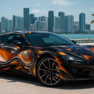 Puede incluir: Un elegante coche deportivo negro con un diseño de llamas naranja y dorado. El coche tiene ruedas negras y está estacionado sobre una superficie pavimentada. Se ve un horizonte urbano y palmeras al fondo.