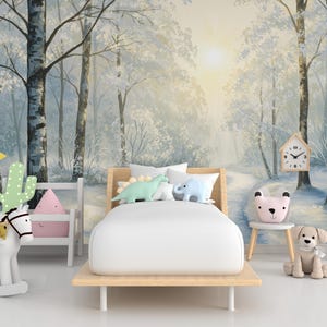 Winter Forest Wall Mural – Watercolor Snowy Woodland Path Wallpaper with Golden Light – Elegant Nursery or Luxury Home Wall Art  809RS