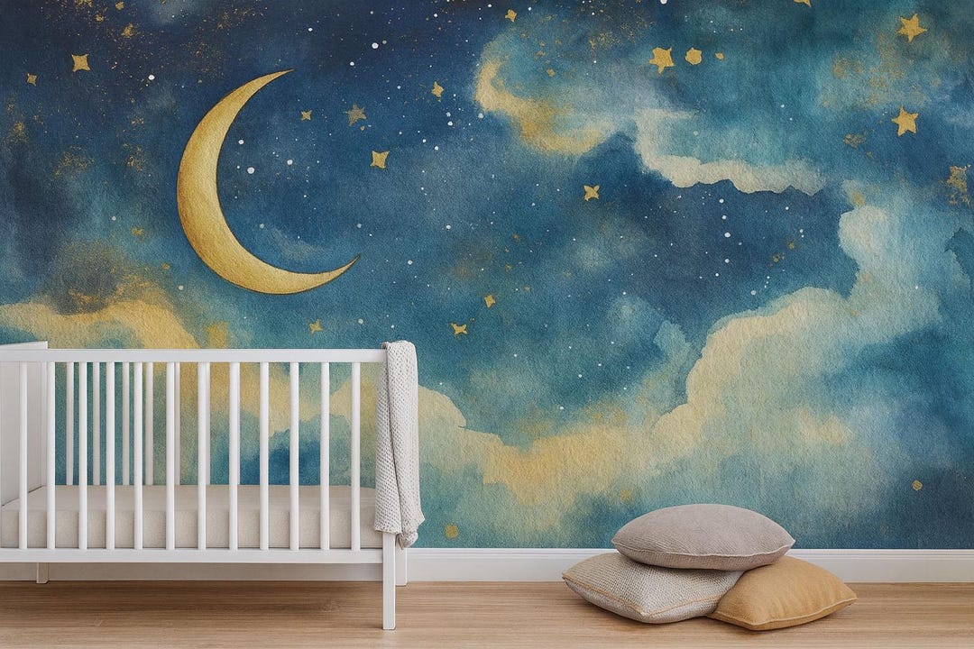 Moon and Stars Nursery Wallpaper – Celestial Sky Wall Mural With Golden ...