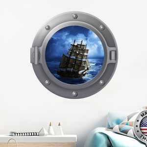 Ship Wall Decal. Nautical Vinyl Sticker. Porthole Wall Murals. View 3D Ocean Boat Window Removable Decal. Ship Porthole Boys Room Decor NT80