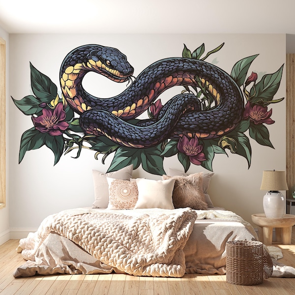 Floral Snake Wall Decal, Botanical Serpent Wall Sticker, Elegant Snake Wall Art, Dark Floral Nature Decor, Peel And Stick Wall Decal