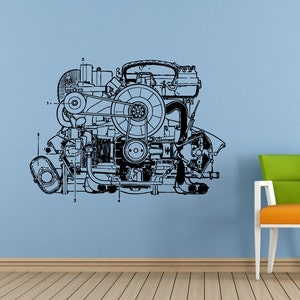 Car Vehicle Automobile Engine Motor Parts Blueprint Wall Decal Vinyl Sticker Mural Room Decor L1840