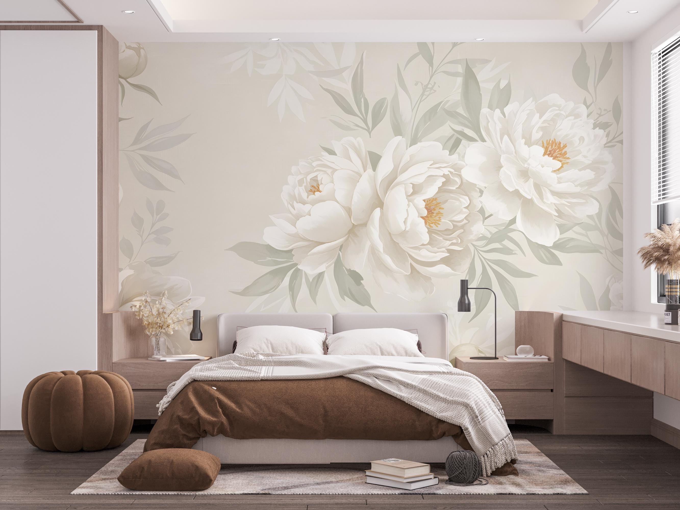 White Peony Wall Graphics Peel and Stick Flower Room Wallpaper Peony ...