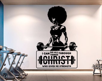 With Gods all things are Possible Afro American Fitness Wall Decal Afro Girl Workout Wall Decal Gym Wall Decor Motivational Wall Decal 210RS