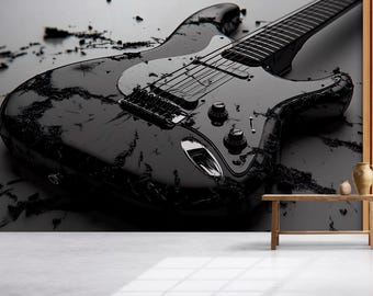 Muurschildering zwarte elektrische gitaar – Rockmuziekkamerdecoratie – Cadeau voor gitaarliefhebbers – Behang muziekstudio – Coole tienerkamermuurschildering