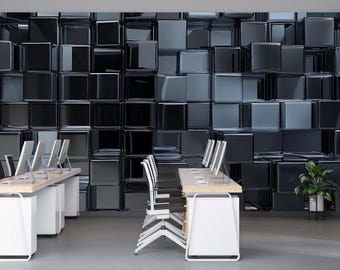 3D Glossy Black Cube Wallpaper Mural | Modern Textured Wall Art For Office Or Home | Stylish Geometric Design | Peel And Stick Or Non-Woven