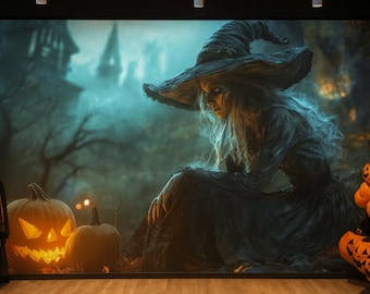 Halloween-häxa 3D-tapet – Förtrollad skog, väggmålning med pumpor och läskigt slott – Snygg hemsökt väggkonst för hemmet, kontoret