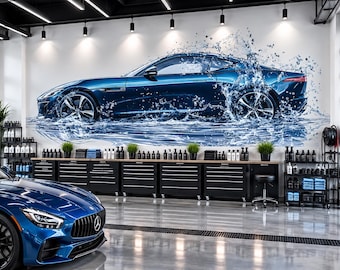 Car Detailing Wall Decal, Blue Sports Car Wall Art, Water Splash Auto Detailing Shop Decor, Luxury Automotive Garage Decal