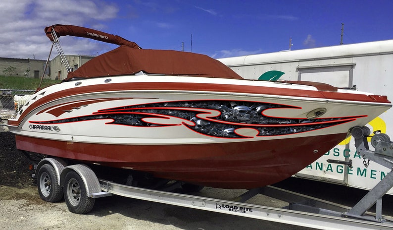 Skulls Bones Boat Vinyl Sticker, Pirate Boat Wrap, Full Color Cigar Boat Graphics Vinyl Decal, Skulls Racing Stripes Watercraft Graphics image 3