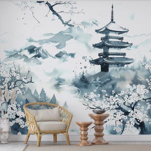 Japanese Nature Wallpaper Wall Graphics Japanese Pagoda Peel and Stick Girl room Wallpaper Self Japan Traditional Pattern 703RS