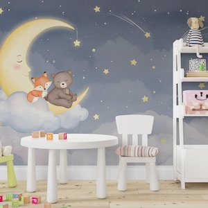 Bear and Fox on Moon Wall Graphics Farm Animal Peel and Stick Bear Animals room Fox Wallpaper Nursery wall decor Mural 577RS