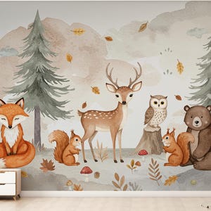 Woodland Forest Animals Wall Graphics Fox Peel and Stick Girl room Forest Wallpaper Nursery Self Adhesive Nursery wall decor Mural 713RS