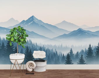 Mountain Wallpaper Peel and Stick Mountain Watercolor Wallpaper Mountain Wall Art Pine Tree Nature Wallpaper Blue Mountain Mural 735RS