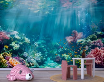 Underwater Ocean Wallpaper Mural – Coral Reef Fish Wall Decor for Kids Room, Nursery or Living Room – Modern Bold Accent Wall Removable
