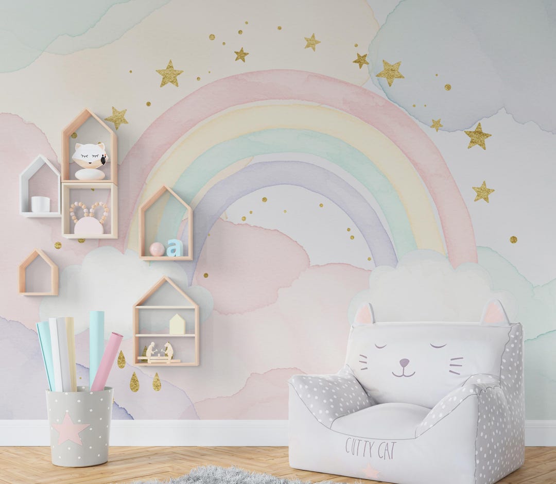 Rainbow Pastel Wallpaper Watercolor Rainbow Mural Nursery Stars Rainbow ...