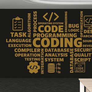 May include: A black background with gold text outlining the words "Coding", "Programming", "Database", "Algorithm", "Security", "Task", "Language", "Execution", "Compiler", "Operation", "Testing", "System", "Integration", "Design", "Architecture", "Source Code", "Development", "Bug", "Logic", "Optimization", "Script", and "Code".