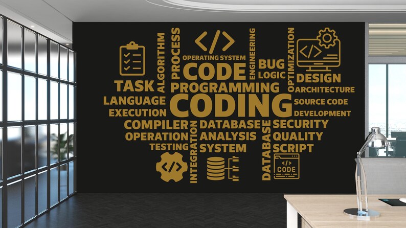 May include: A black background with gold text outlining the words "Coding", "Programming", "Database", "Algorithm", "Security", "Task", "Language", "Execution", "Compiler", "Operation", "Testing", "System", "Integration", "Design", "Architecture", "Source Code", "Development", "Bug", "Logic", "Optimization", "Script", and "Code".