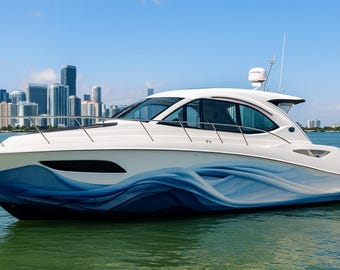 May include: A white motor yacht with blue wave patterns on the hull floats on the water. The boat has a sleek design with a radar dome and aerials. Tall buildings are visible in the background under a clear blue sky.