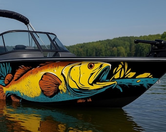 Bold Bass Boat Wrap – Vibrant Full-Color Fishing Vinyl Design for Bass Boats, Lake Boats & Sport Cruisers | Custom Marine Graphic Boat Wrap