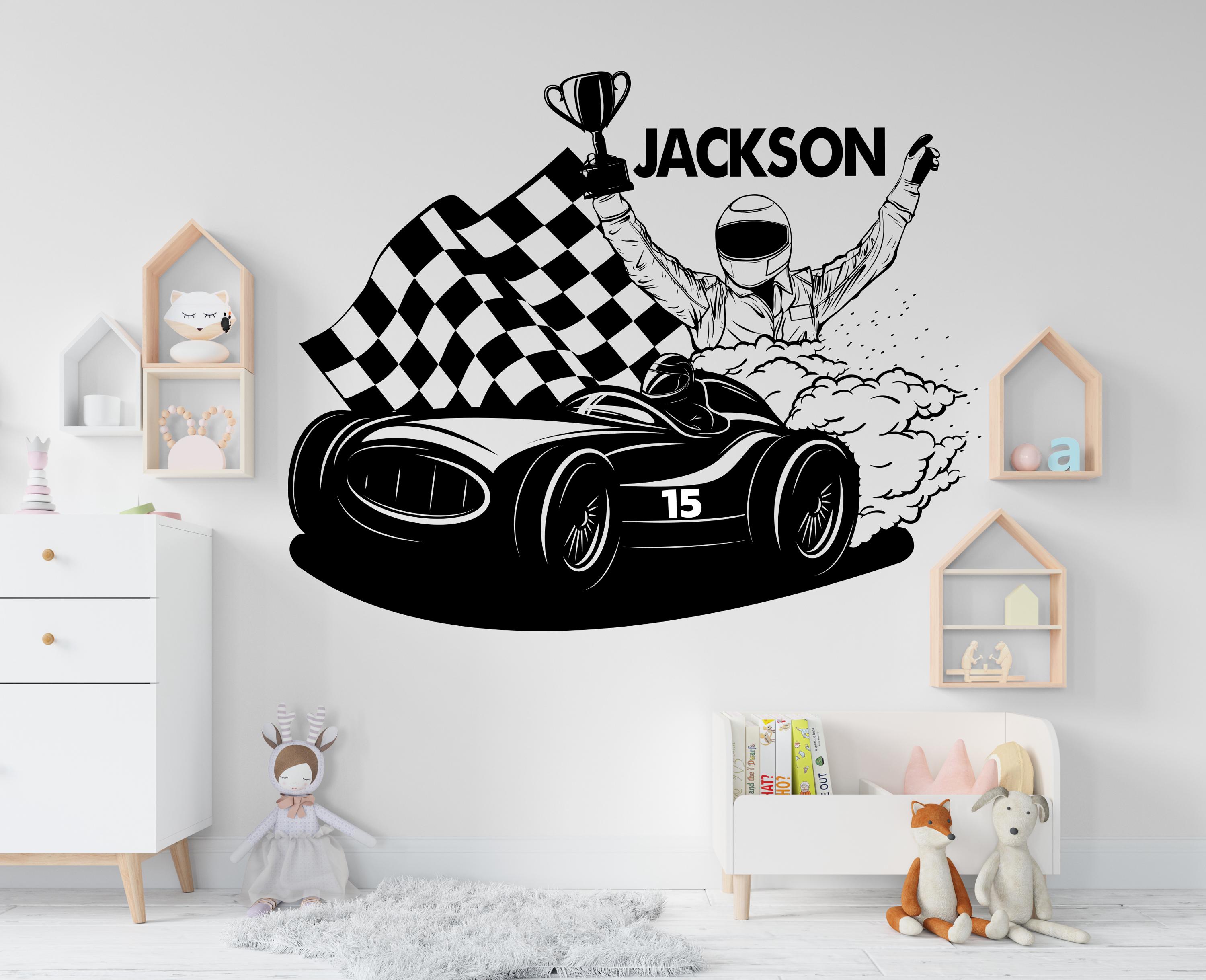 Personalized Racing Car Wall Decal for Kids | Custom Name Motorsport ...