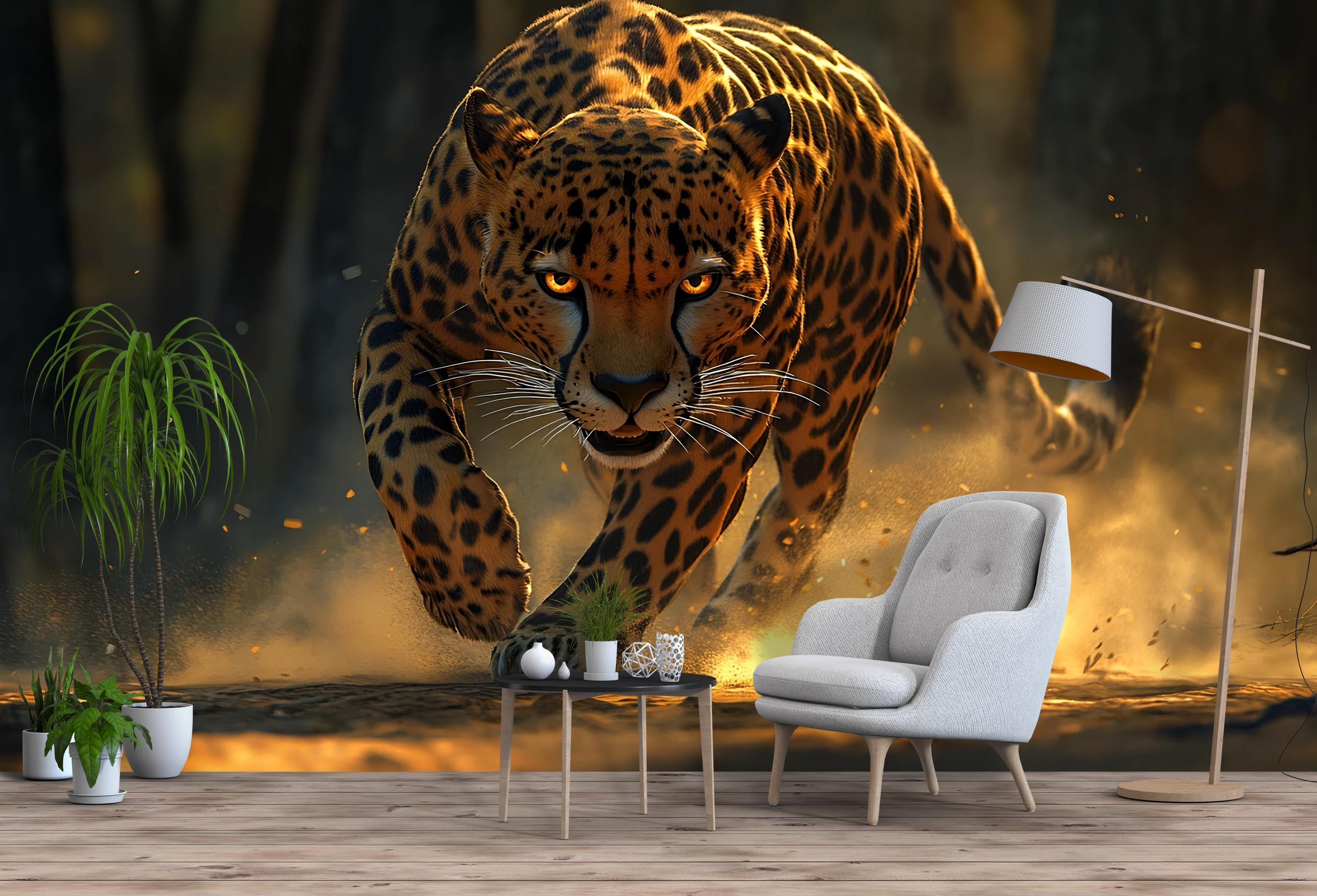 Running Leopard Wall Mural – Bold Safari Wallpaper for Stylish