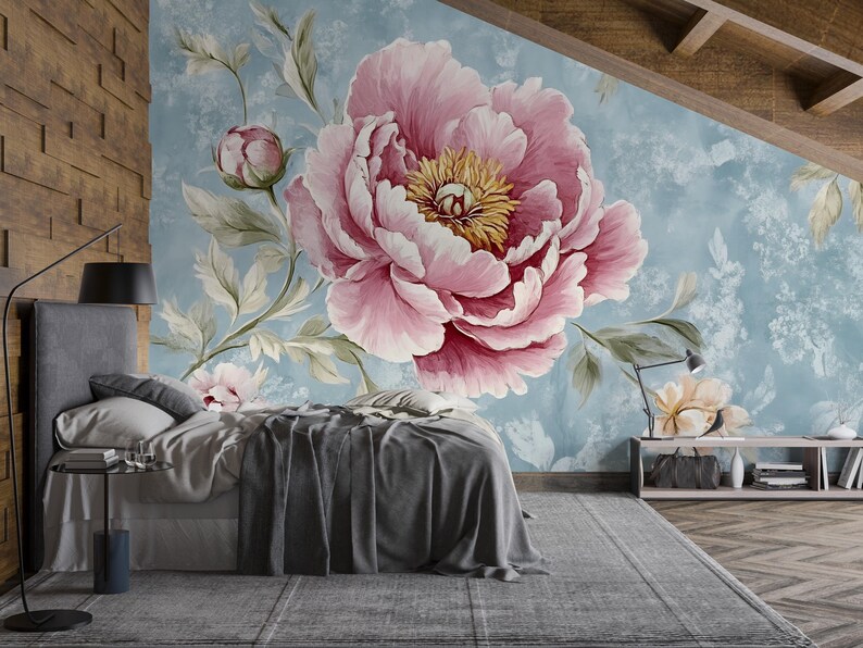 Vintage Peony Wall Mural – Pink Floral Wallpaper on Blue Textured ...
