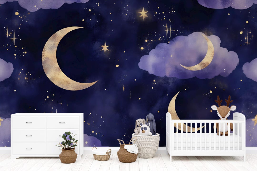 Moon and Stars Wallpaper for Nursery – Dark Night Sky Wall Mural – 3D ...