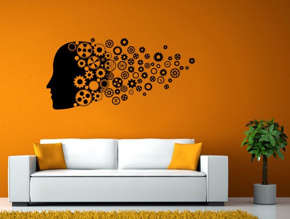 Thinking Gears Decal | Head Silhouette Decal | Knowledge Decal | Science Geek Decal | School Decal | Classroom Decal | Wall Decal | Sticker