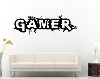 Gamer Word Logo Cracks Breaks Gaming Video Games Wall Decal Vinyl Sticker Mural Room Decor L912
