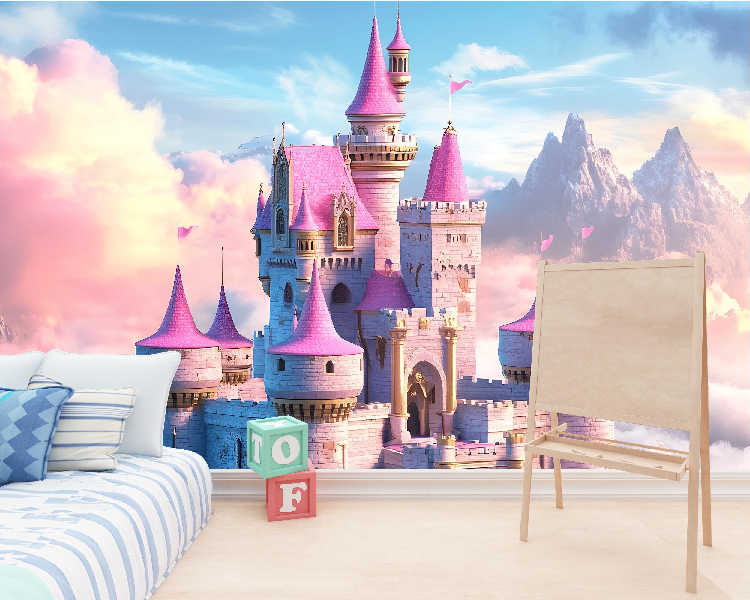 Pink Castle Wall Mural – Fantasy Clouds Wallpaper for Girls Room or ...