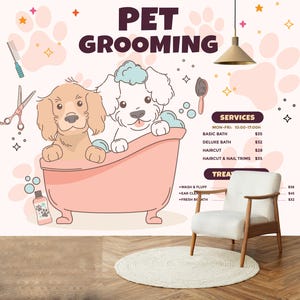 Pet Grooming Wall Graphics Peel and Stick Dog Cat Wallpaper Dog Grooming Self Adhesive Removable Pet Shop Veterinary Clinic Mural 472RS