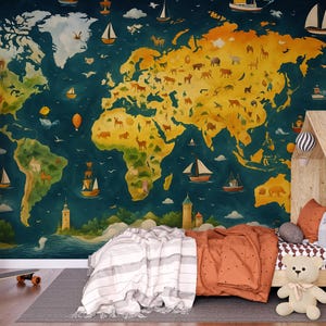 Mural de mapa del mundo de animales colorido para habitación infantil: papel tapiz educativo ilustrado para niños y niñas, extraíble, autoadhesivo.