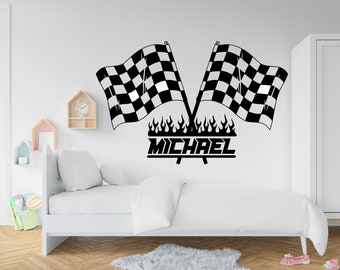 Sticker mural drapeau de course en vinyle, décoration intérieure, autocollant artistique, voiture de course, drapeau à damier, garçon coureur, chambre d'enfants, finition drapeau, art mural 310RS