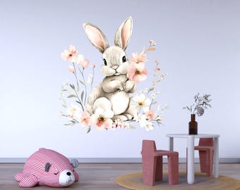 Bunny Wall Decal - Floral Rabbit Nursery Decor - Cute Animal Peel and Stick Wall Sticker - Baby Room Wall Art - Bunny Wall Mural Kids Vn007