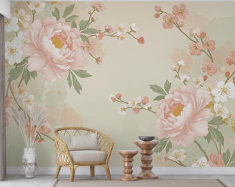 Chinoiserie Cherry Blossom Wall Mural: Antique Gold Birds, Silk Texture