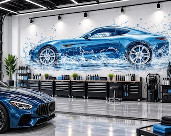 Car Detailing Wall Decal, Blue Sports Car Wall Art, Water Splash Garage Decor, Auto Detailing Shop Decal, Car Wash Wall Art