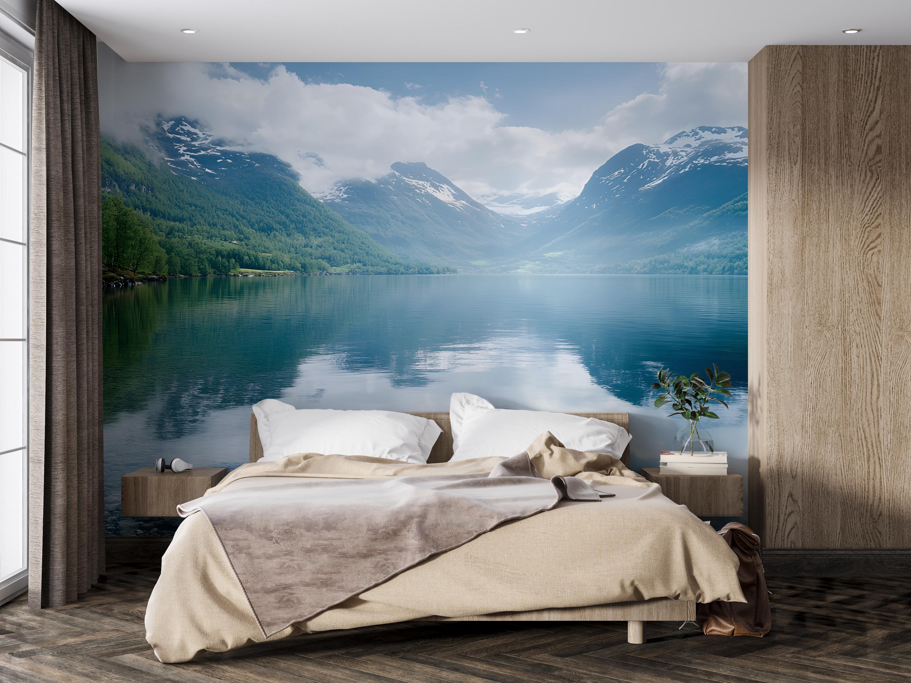 Scenic Mountain Lake Wall Mural – Serene Landscape Wallpaper, Peel and ...