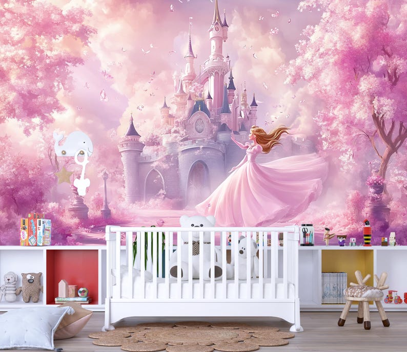 Fairytale Princess Castle Wall Mural – Soft Pink Nursery Wallpaper ...