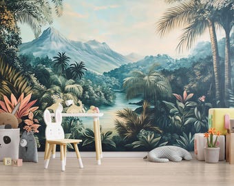 May include: A vibrant mural depicts a tropical landscape with lush greenery, mountains, and a river. A child's table and chair set, along with decorative items like stuffed animals and blocks, are in front of the mural. The scene is set on a light wood floor.
