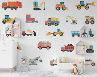 Truck Wall Decals - Construction Truck wall Nursery Decor, Watercolor Wall Art, Kids Room Decal, Reusable and Removable Wall Stickers  353RS