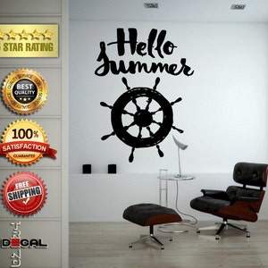 Hello Summer Words Yacht Boat Ship Steering Wheel Wall Decal Vinyl Sticker Mural Room Decor L1765