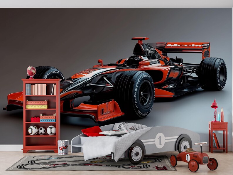 Formula 1 Racing Car 3D Wallpaper Mural – Modern Bold Wall Decor for ...