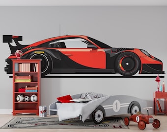 Rode muursticker raceauto | Sportwagensticker voor kinderkamer | Slaapkamerdecoratie racethema | Peel & Stick verwijderbare muurkunst | Jongensspeelkamer