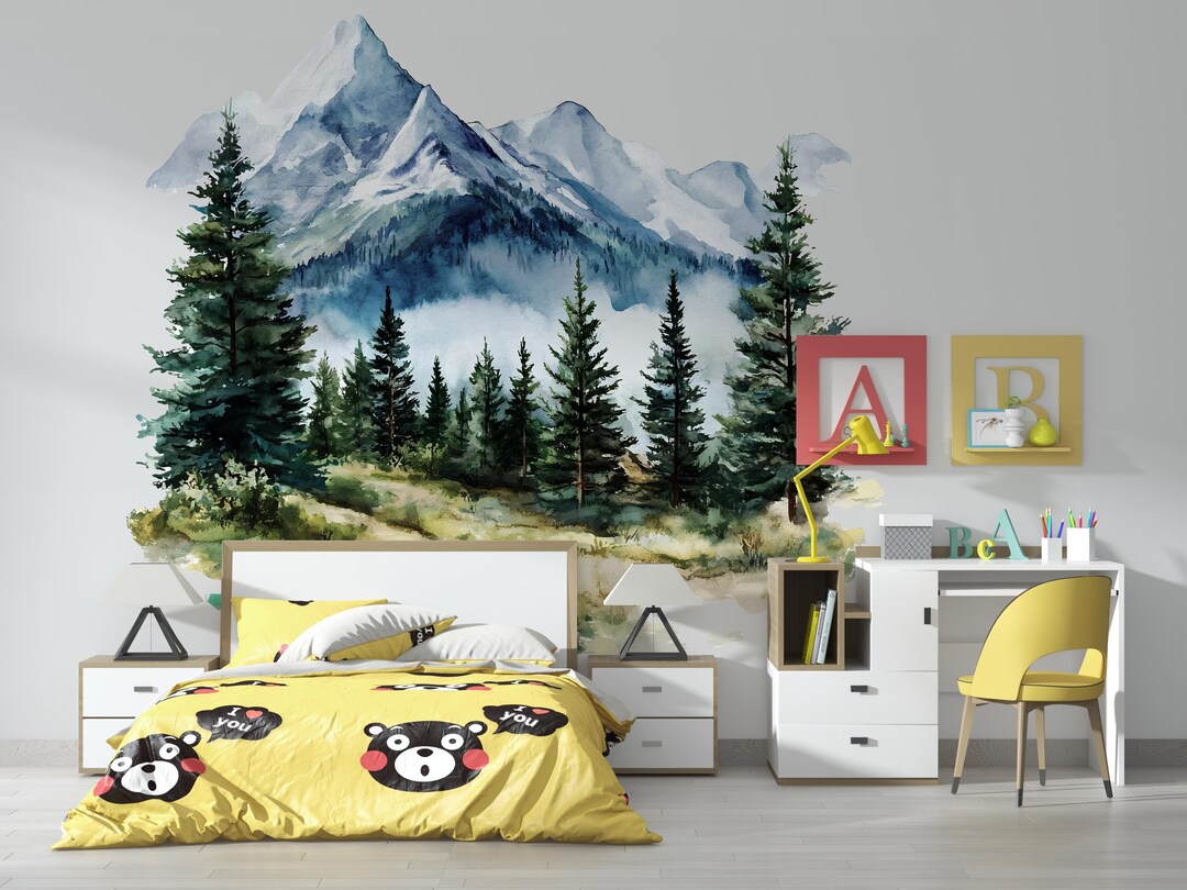 Mountain Forest Wall Decal • Watercolor Pine Tree Mural Sticker • Kids ...