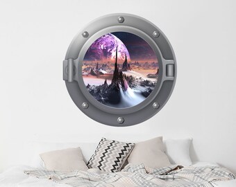 Decalque de parede de vigia espacial 3D. Murais de adesivos de vinil do espaço sideral. Decoração de janela de galáxia. Decalques da Lua Espacial. Espaço acima da decoração do quarto NT3