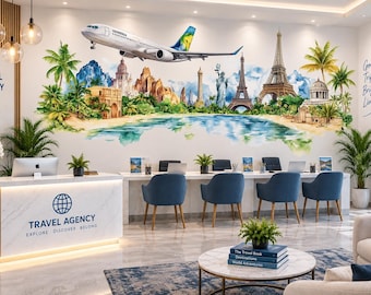 Travel Agency Wall Decal, World Landmark Wall Art, Airplane Travel Mural, Tourism Office Decor, Vacation Planner Wall Decal