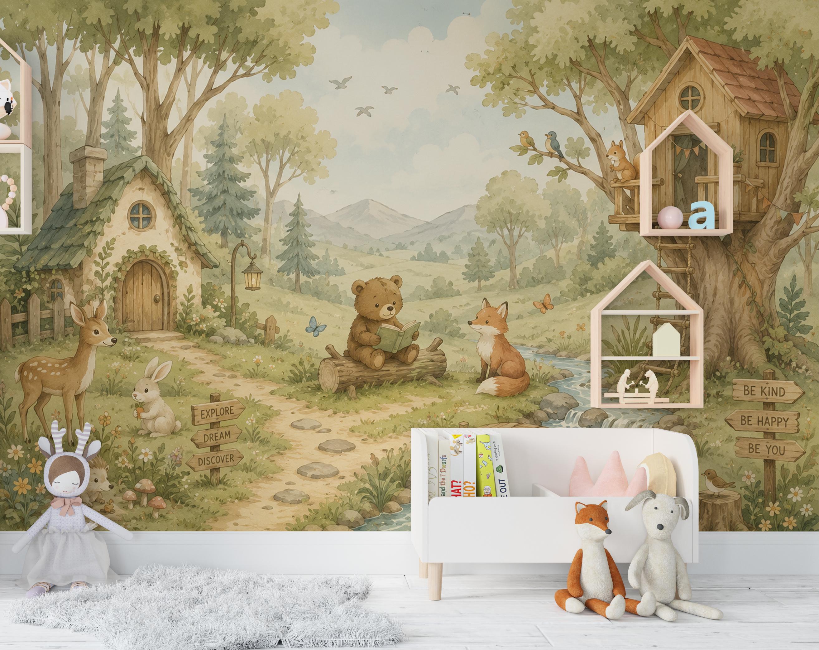 Woodland Nursery Wallpaper Peel and Stick, Forest Animal Wall Mural ...