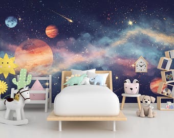 Decalque de parede espacial | Mural de parede de galáxia | Papel de parede do espaço sideral | Arte de parede de estrelas e planetas celestiais | Decoração de sala de astronomia 582RS